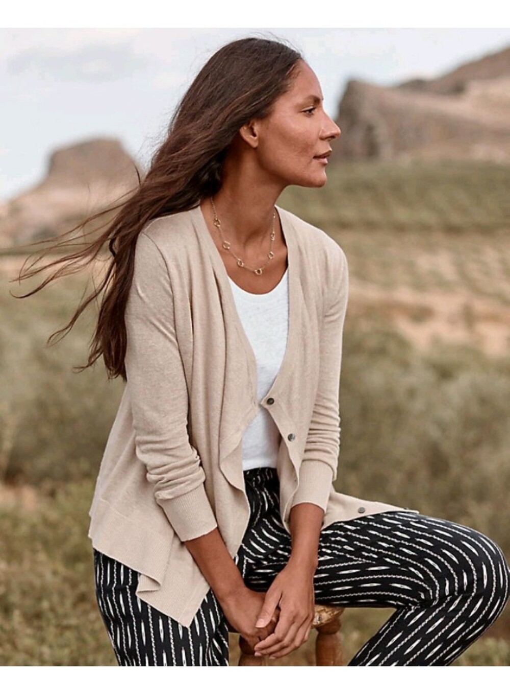 Garnet Hill 100% Linen Drape-Front Cardigan Sweater Sz L NWT Beige